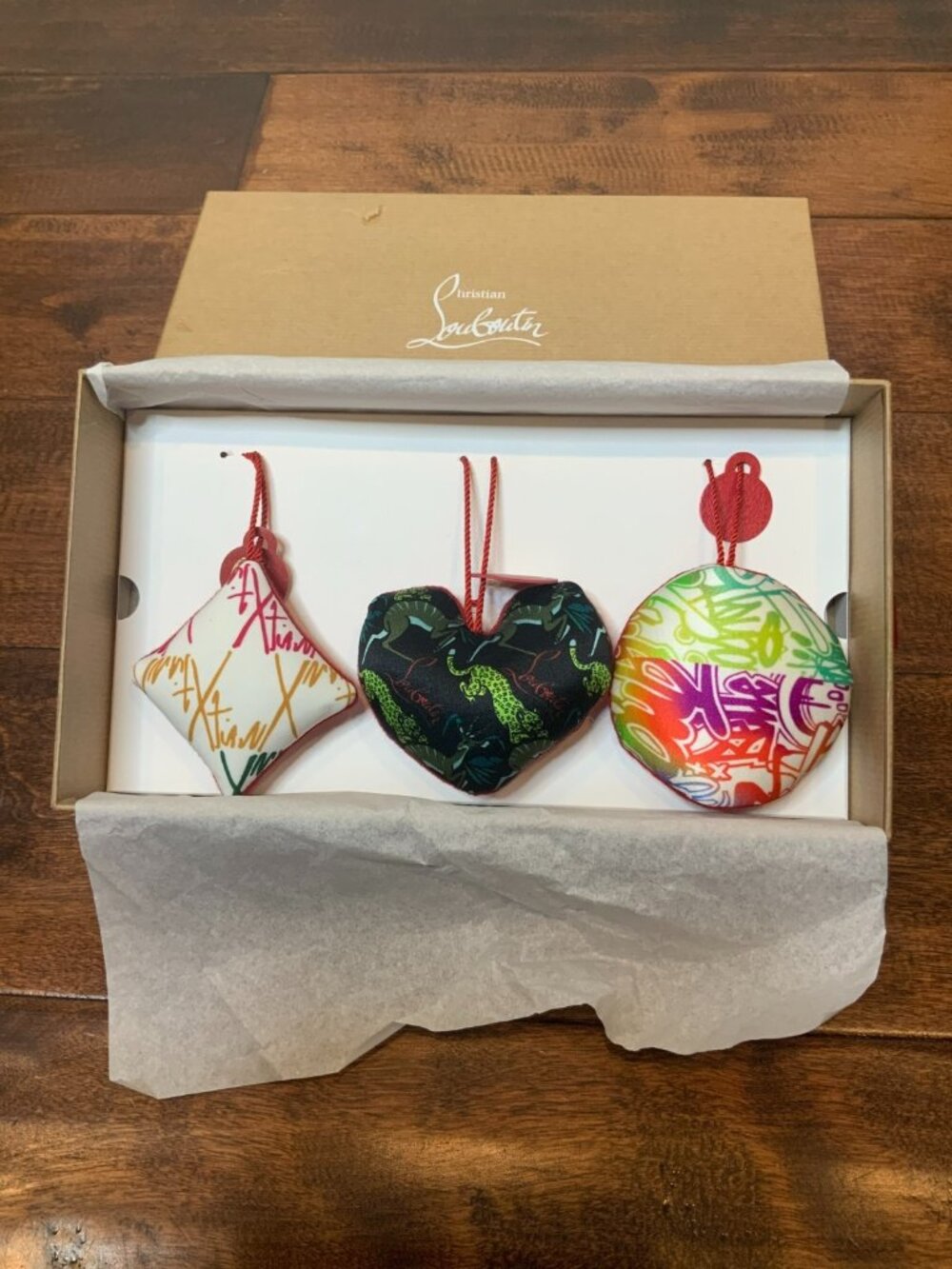 Christian Louboutin Authentic Trio 3 Satin Logo Christmas Ornaments New In Box!